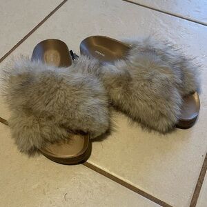 Faux Fur Slide Sandals Slides Flip Flops - Tan